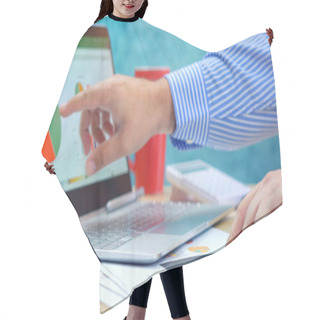 Personality  Businessman Pointing And Expanding Graphs On Modern Touch Screen Laptop. Hair Cutting Cape