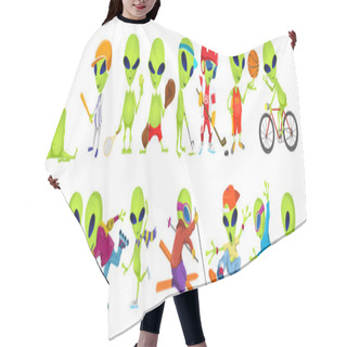 Personality  Vector Set Of Green Aliens Sport Illustrations. Hair Cutting Cape