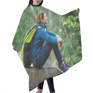 Personality  Woman Hiker Smiling Standing Outside In Forest With Backpack Hair Cutting Cape