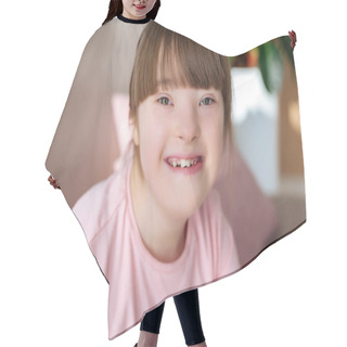 Personality  Portrait Of Happy Child With Down Syndrome Hair Cutting Cape
