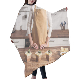 Personality  Partial View Of Woman In Apron Preparing Triple Chocolate Mousse In Glasses Hair Cutting Cape