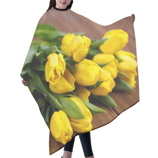 Personality  Banch Of Yellow Tulips Lying On Wooden Boards Hair Cutting Cape