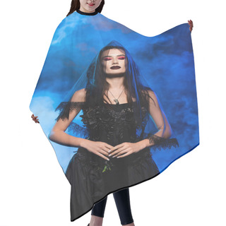 Personality  Woman With Closed Eyes In Black Dress And Veil On Blue With Smoke, Halloween Concept Hair Cutting Cape
