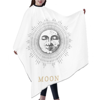 Personality  Moon, Vector Drawn Illustration In Engraving Style Hair Cutting Cape