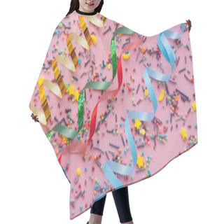 Personality  Top View Of Colorful Serpentine And Blurred Sprinkles On Pink Background  Hair Cutting Cape