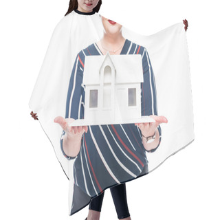 Personality  Cropped Image Of Female Realtor Showing Maquette Of House Isolated On White Background Hair Cutting Cape