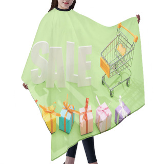 Personality  White Sale Lettering Near Decorative Gift Boxes And Shopping Cart On Green Background Hair Cutting Cape