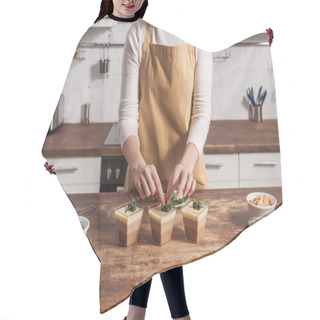 Personality  Cropped Shot Of Woman In Apron Preparing Triple Chocolate Mousse In Glasses Hair Cutting Cape