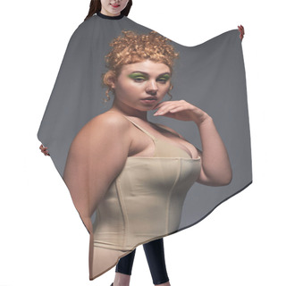 Personality  Sensual Redhead Plus Size Woman In Beige Underwear Posing With Hand Near Face On Dark Grey Backdrop Hair Cutting Cape