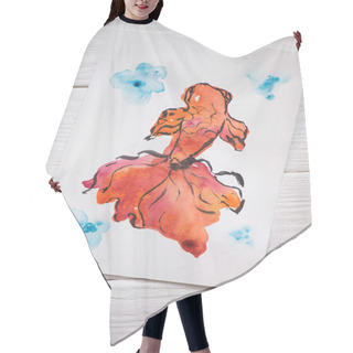 Personality  Top View Of Paper With Japanese Painting With Orange Fish On Wooden Background Hair Cutting Cape