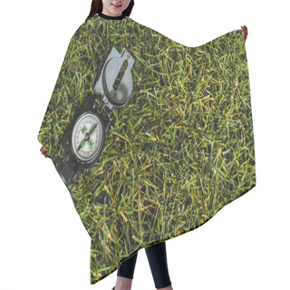 Personality  Top View Of Retro Compass On Green Grass  Hair Cutting Cape