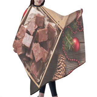 Personality  Christmas Fudge Traditional Homemade Chocolate Sweet Dessert Food In Wooden Box On Vintage Table Background. Top View. Delicious Unhealthy Snack. Hair Cutting Cape