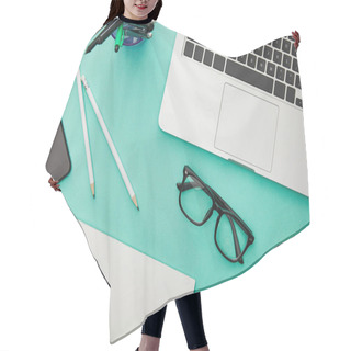 Personality  Top View Of Gadgets Near Glasses, Stationery And Notebook Isolated On Turquoise Hair Cutting Cape