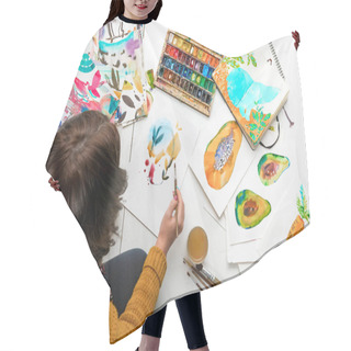Personality  Top View Of Woman Painting With Watercolors Paints While Surrounded By Color Drawings And Drawing Utensils Hair Cutting Cape
