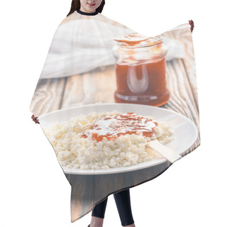 Personality  Close-up View Of Tasty Healthy Cottage Cheese With Jam On Wooden Table  Hair Cutting Cape