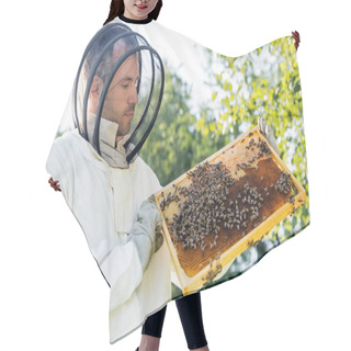 Personality  Apiarist In Beekeeping Suit Holding Frame With Honeycomb And Bees Outdoors Hair Cutting Cape