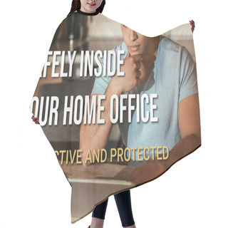 Personality  Thoughtful Mixed Race Freelancer Looking At Laptop Near Safely Inside Your Home Office, Productive And Protected Lettering Hair Cutting Cape