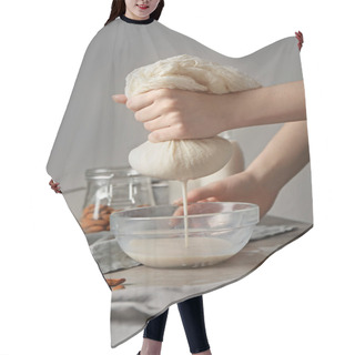 Personality  Woman Making Healthy Almond Milk In Kitchen Hair Cutting Cape
