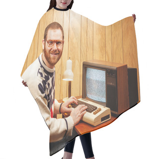 Personality  Handsome Nerdy Adult Using A Vintage Computer TV Hair Cutting Cape