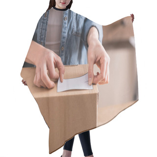 Personality  Cropped View Of Seller Fastening Shipping Label On Cardboard Box In Online Web Store  Hair Cutting Cape