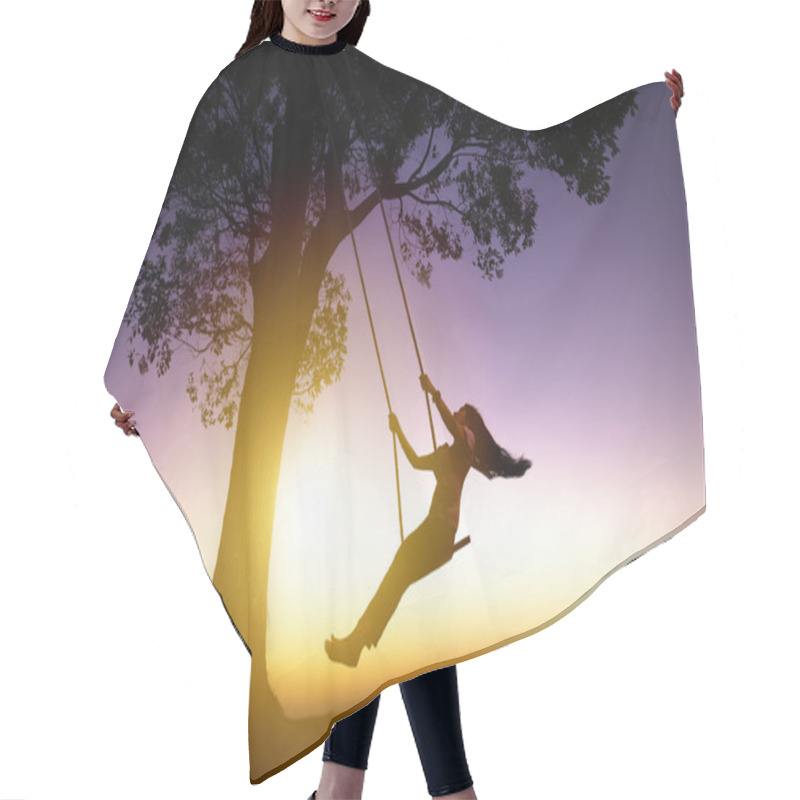 Personality  Silhouette Of Happy Young Woman On A Swing With Sunset Backgroun Hair Cutting Cape