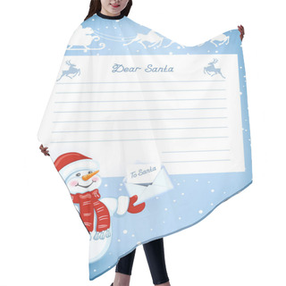 Personality  Layout Letter To Santa Claus With Cartoon Funny Snowman With Christmas Letter For Santa Claus And Sleigh With Reindeer Team In Flying In The Sky Hair Cutting Cape