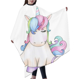 Personality   Cute Sitting Unicorn Cartoon, Isolated On White. Hair Cutting Cape