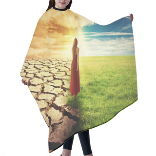 Personality  Climate Change Concept Woman Walking Through Opened Field  Hair Cutting Cape