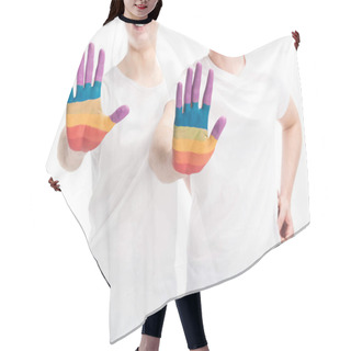 Personality  Cropped Image Of Smiling Gay Couple Showing Hands Painted In Colors Of Pride Flag Isolated On White, World Aids Day Concept Hair Cutting Cape