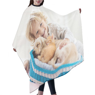 Personality  Child, Dog And Cat. Kids Play With Puppy, Kitten. Hair Cutting Cape