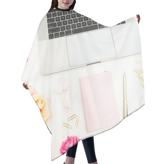Personality  Laptop, Roses Flowers, Diary, Pen, Candy And Petals On White Bac Hair Cutting Cape