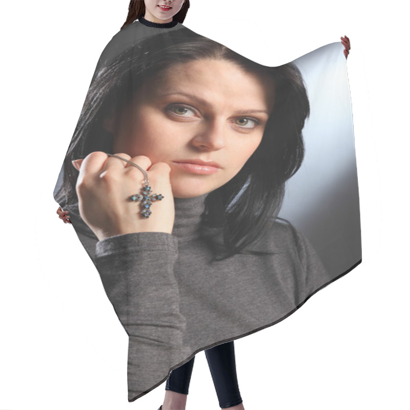 Personality  Beautiful Quiet Religious Woman Holding Crucifix Hair Cutting Cape