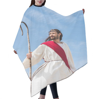 Personality  Cheerful Jesus In Robe, Red Sash And Crown Of Thorns Standing With Wooden Staff In Desert Hair Cutting Cape