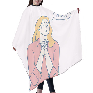 Personality  Woman Holding Hands In Prayer And Asking For Help With Pleading Imploring Expression. Hand Drawn In Thin Line Style, Vector Illustrations. Hair Cutting Cape