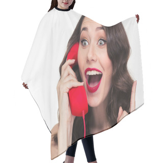 Personality  Excited Lovely Cute Woman In Retro Style Talking On Telephone  Hair Cutting Cape