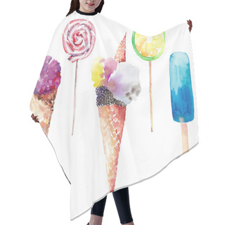 Personality  Beautiful Bright Colorful Delicious Tasty Yummy Cute Summer Dessert Frozen Juice Ice Cream In A Waffle Horn And Candies On A Sticks Watercolor Hand Sketch Hair Cutting Cape
