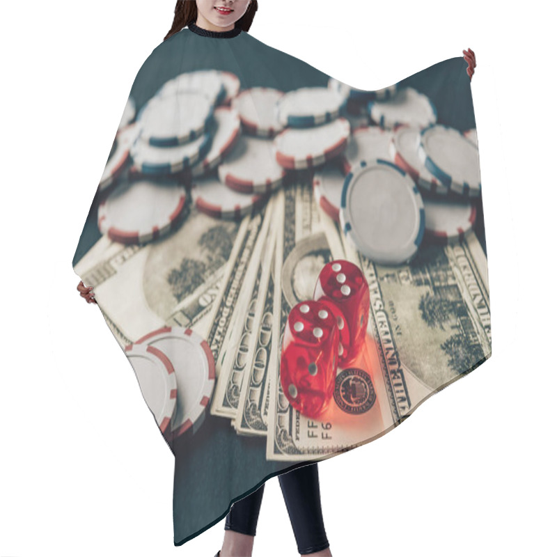 Personality  Money with dice and chips on casino table hair cutting cape