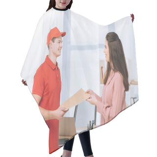 Personality  Side View Of Delivery Man Giving Envelope To Smiling Businesswoman In Office  Hair Cutting Cape