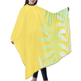 Personality  Top View Of Paper Cut Green Tropical Leaves On Yellow Bright Background With Copy Space, Panoramic Shot Hair Cutting Cape