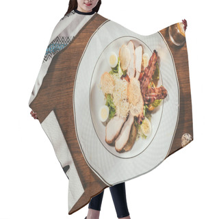 Personality  View Of Ham Slices With Fried Meat And Some Boiled Eggs On Plate Over Table With Fork And Knife On Napkin  Hair Cutting Cape
