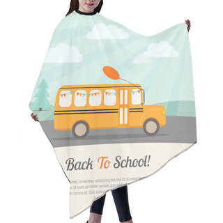 Personality  School Bus With Festive Flags And Balloon Rides To School. Hair Cutting Cape