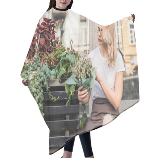 Personality  Attractive Florist Sitting On Stairs Of Flower Shop And Looking At Potted Plant Hair Cutting Cape