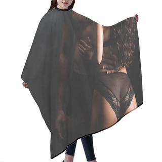 Personality  Cropped View Of Man Standing With Sexy Woman On Black With Smoke  Hair Cutting Cape