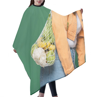 Personality  Cropped View Of Woman With Overweight With Net Bag And Fresh Food Isolated On Green  Hair Cutting Cape