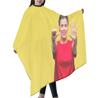 Personality  Young Beautiful Woman Over Isolated Background Showing And Pointing Up With Fingers Number Six While Smiling Confident And Happy. Hair Cutting Cape