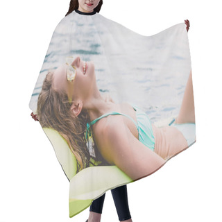 Personality  Smiling Wet Blonde Woman Swimming On Green Pool Float In Swimming Pool Hair Cutting Cape