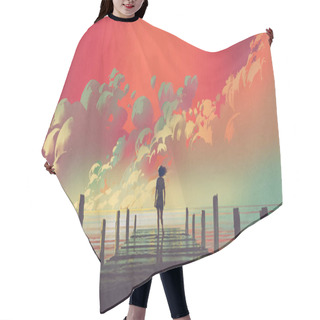 Personality  Beautiful Scenery Of The Woman Standing Alone On A Wooden Pier Looking At Colorful Clouds In The Sky, Digital Art Style, Illustration Painting Hair Cutting Cape