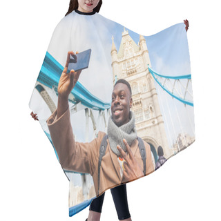 Personality  Man Taking Selfie In London With Tower Bridge On Background Hair Cutting Cape