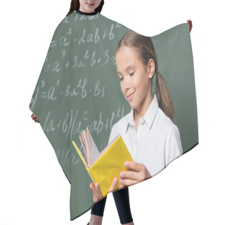 Personality  Pleased Schoolkid Reading Book Near Blurred Equations On Chalkboard Hair Cutting Cape