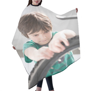 Personality  Boy Checking Bicycle Tyre Hair Cutting Cape